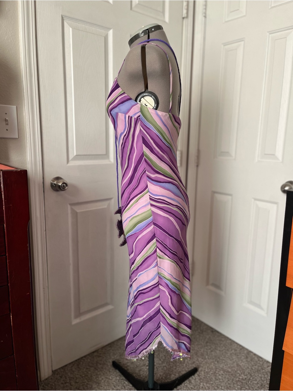 My Michelle Y2K Abstract Asymmetric Stripes Midi Dress, Purple & Green, Size S/M - Picture 2 of 6